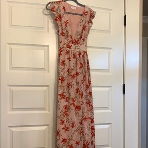 Pink Lily Blush Maxi Dress with Orange-Red Floral Print